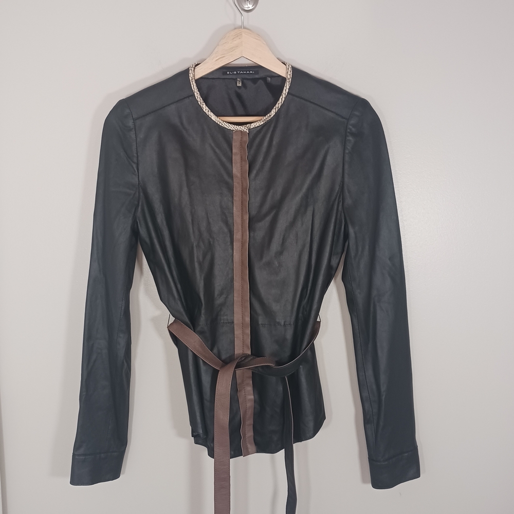 Elie‎ Tahari Leather Moto Boho Animal Print Black Brown Jacket Women's Size XS